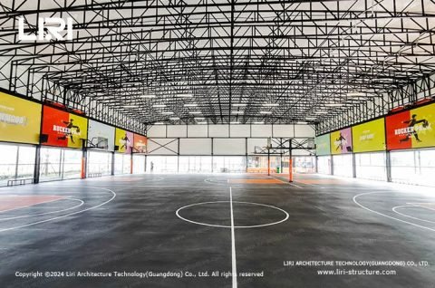 Weather resistant basketball court awning