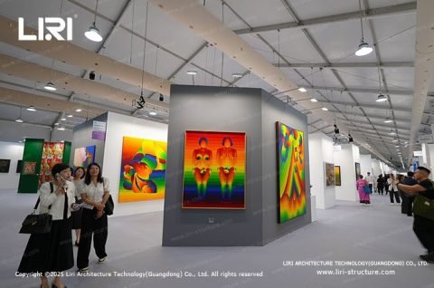 Interior of clear span exhibition tent with large open space for art display