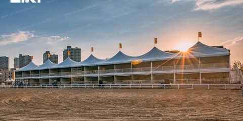 Customizable sports event tent with high peak roof design