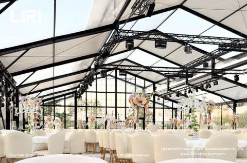 Hexagonal gable Atrium Tent Structure set up for a cultural or artistic event