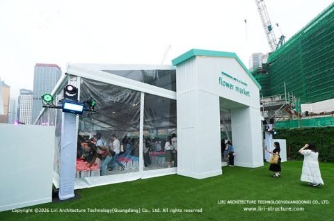 Clear Span Tent for Cj Hendry Flower Market plush flower installation scene