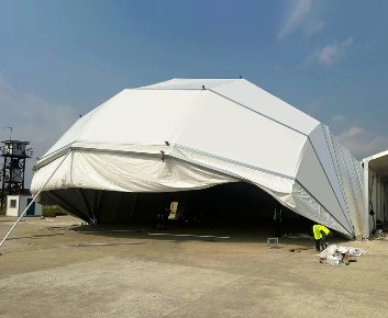 20m Eyelid Hangar Tent with polygonal canopy partially open at Nigeria airport