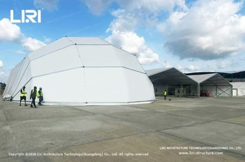 Closed Eyelid Hangar Tent exterior front view at a Nigeria civil aviation airport