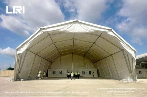 Eyelid Hangar Tent front opening showing clear span interior