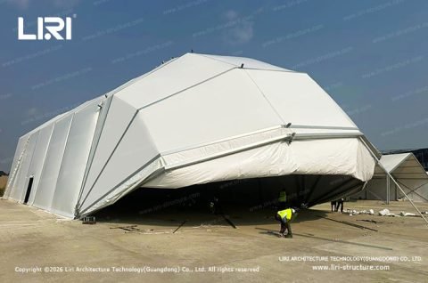 Eyelid Hangar Tent with polygonal canopy fully open exterior view