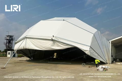 Eyelid Hangar Tent polygonal canopy half open side view