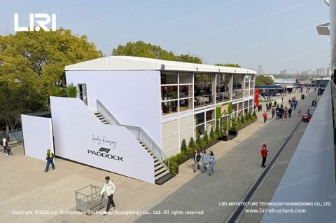 Two story tent F1 Paddock Club elevated angle view beside the Shanghai circuit walkway