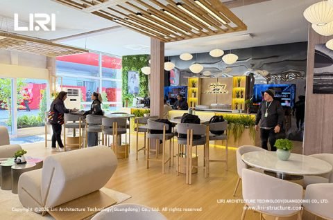 Two story tent F1 Paddock Club interior bar and high-top dining area