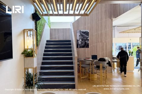 Two story tent F1 Paddock Club interior staircase with timber slat ceiling
