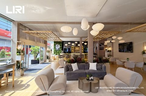 Two story tent F1 Paddock Club reception lounge with pendant lamps and sofa seating