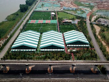 Modular sports hall indoor football site aerial cover