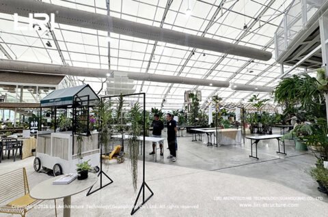 Event setup under transparent curved roof structure