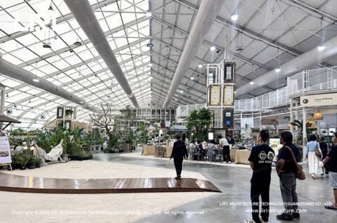 Urban garden walkway under aluminum curved roof