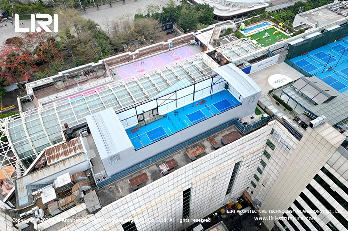 Rooftop pickleball court with retractable roof shown from above
