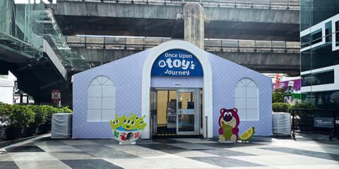 Branded modular pop-up store entrance for the Once Upon a Toy's Journey campaign