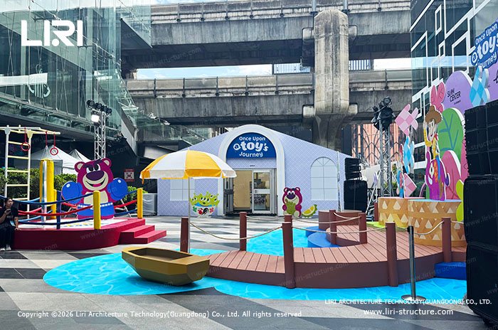 Modular pop-up retail space with a colorful themed event display