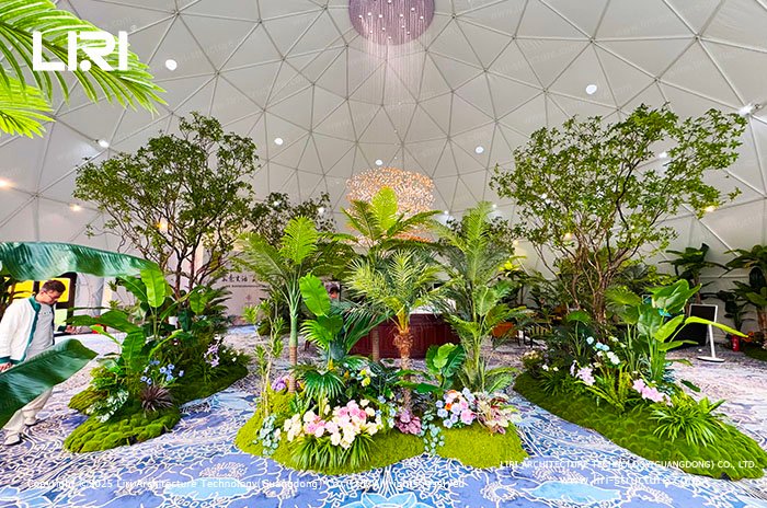 Tropical brand experience installation inside a geodesic dome tent